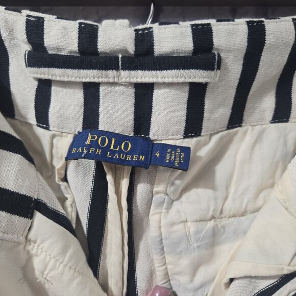 Polo Ralph Lauren Striped Black Cream High Rise Cotton Pants Size 4 Belt Pockets - Picture 3 of 9